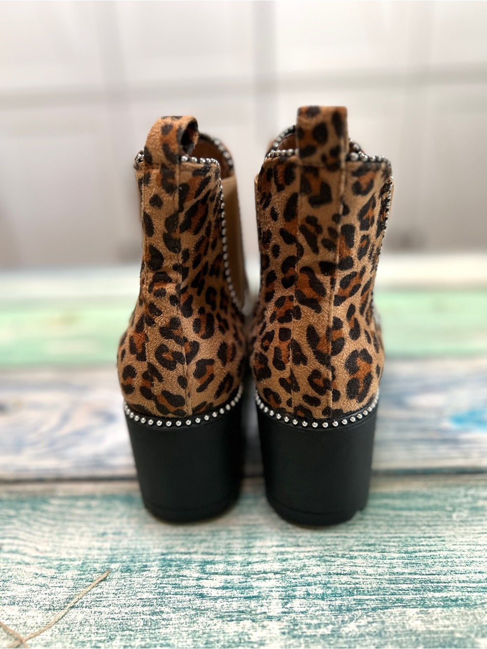 Tinstree Leopard Platform Chelsea Ankle Boots | Rhinestone Trim | NWOT - Picture 4 of 8